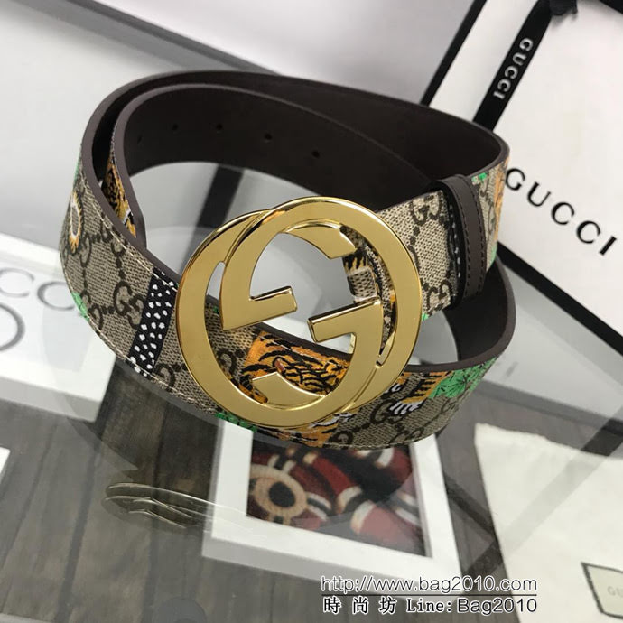 GUCCI古馳 官網經典 原單品質 對版孟加拉虎面料 咖啡色牛皮底 雙G拋光亮面扣 男士皮帶  xfp1451